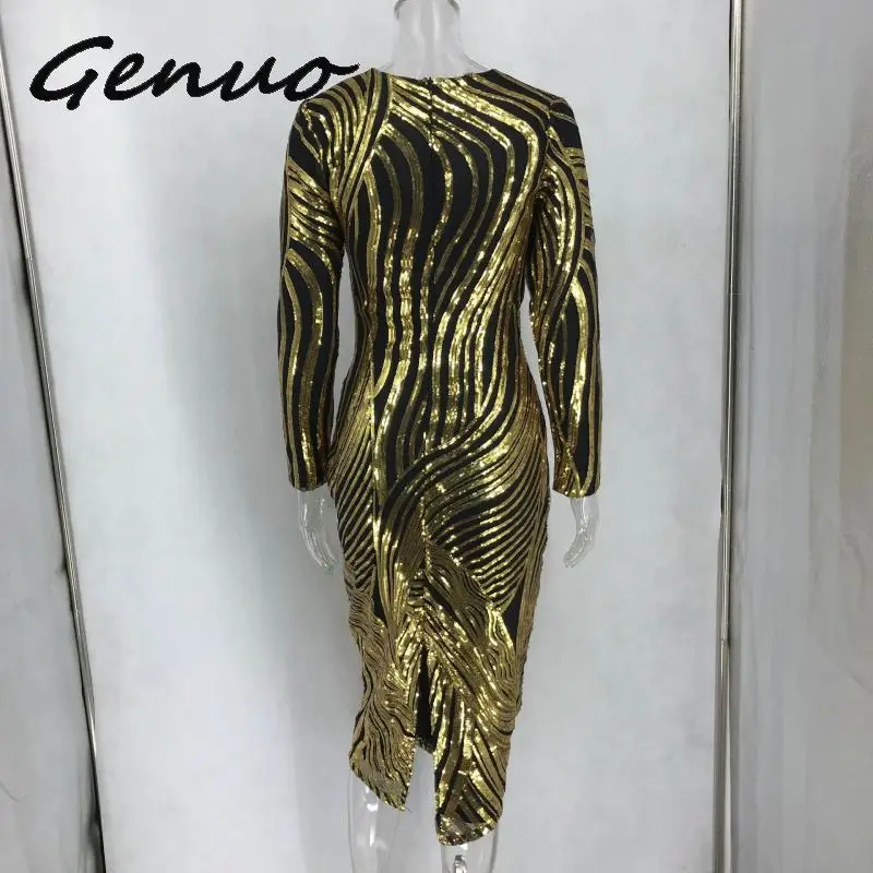 

Genuo New 2019 Luxury Sequins Striped Dresses 2019 Women Elegant Long Sleeve Midi Dress Sexy Deep V Neck Party Dress Vestidos