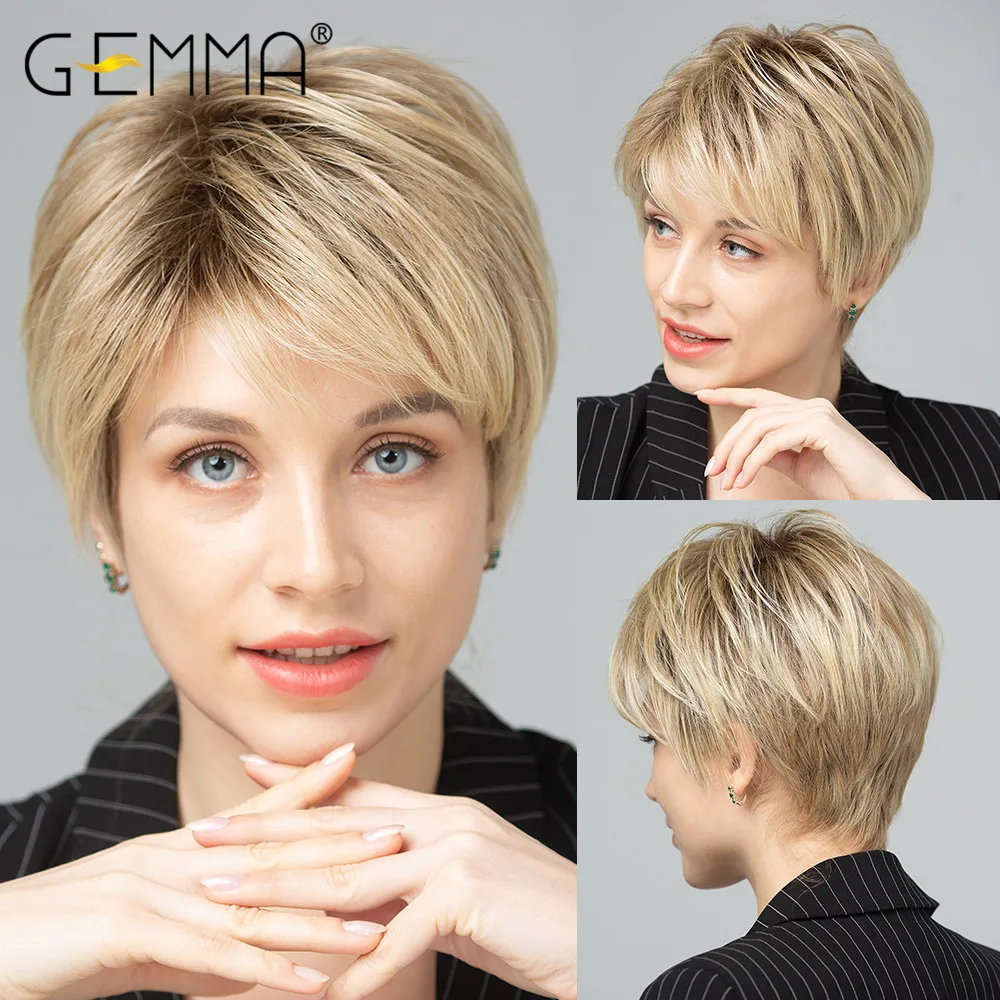 

GEMMA Synthetic Short Straight Hair Wigs Natural Bob Style Pixie Cut Dark Root Ombre Brown Yellow Blonde Cosplay Wig for Women