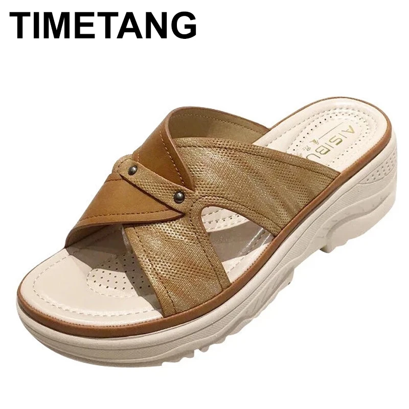 

TIMETANGShoes Woman 2021 Low Slippers Summer On A Wedge Flower Big Size Luxury Slides Med Beige Heeled Sandals Pantofle Soft Des