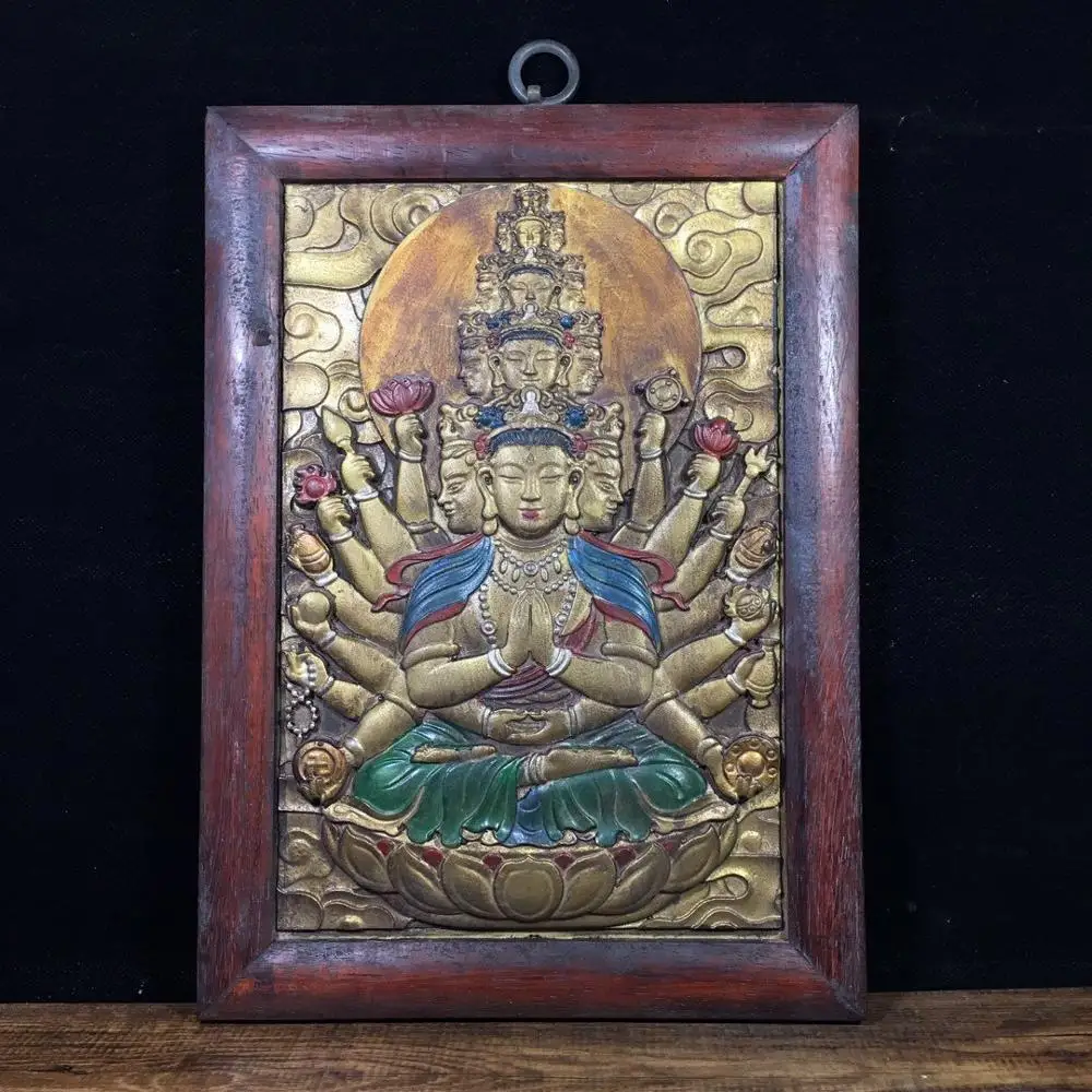 Home Decor 12" Tibet Buddhism Temple Old Mahogany Framed Thangka Bronze Painted Thousand-Hand Guanyin Bodhisattva Thangka Amulet
Home Decor 12" Tibet Buddhism Temple Old Mahogany Framed Thangka Bronze Painted Thousand-Hand Guanyin Bodhisattva Thangka Amulet