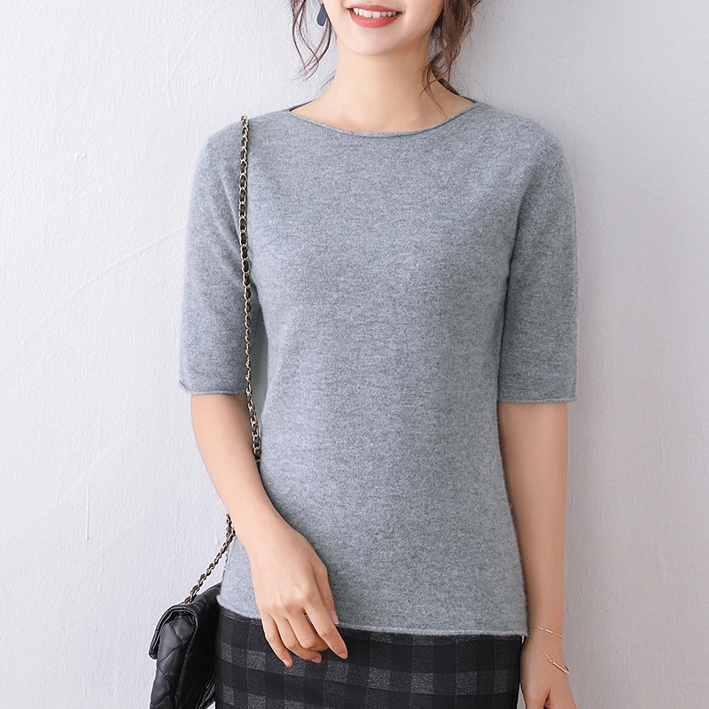 

MERRILAMB High Quality Short Sleeve Pullover Women's Casual Elbow Sleeve Sweater Solid Worsted Wool Knit Slash Neck Jumper