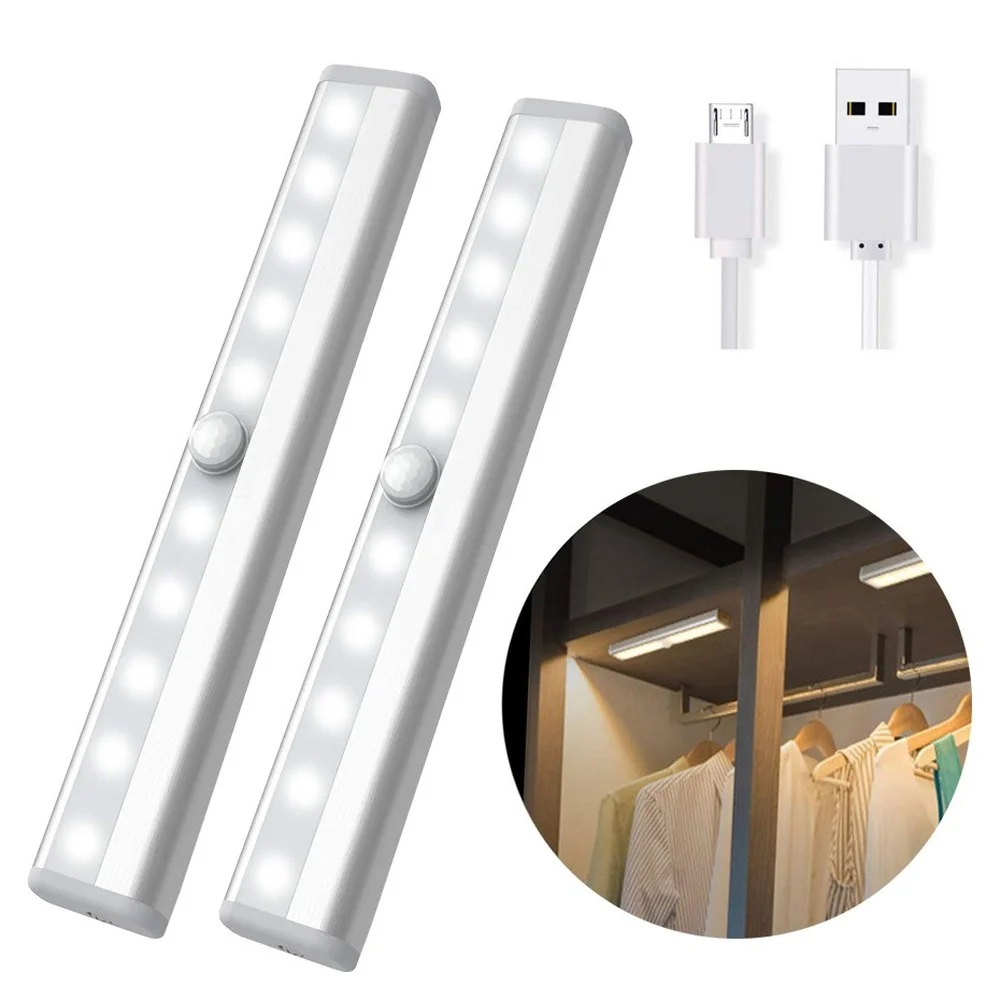 

10 LEDs USB Sensor Lamp Rechargeable Motion Sensor Under Cabinet Light Wireless LED Night Light Bar for Stairs Wardrobe Hallway