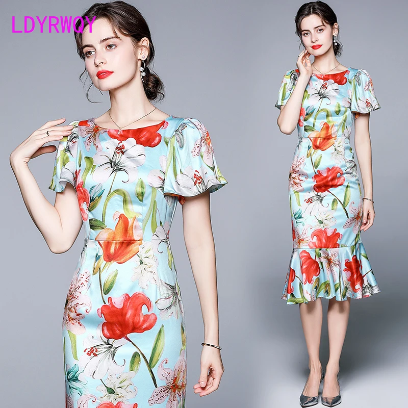 LDYRWQY 2021 sky blue lotus leaf sleeve fishtail slim printed satin dress with lining Chiffon Office Lady Sheath
LDYRWQY 2021 sky blue lotus leaf sleeve fishtail slim printed satin dress with lining Chiffon Office Lady Sheath