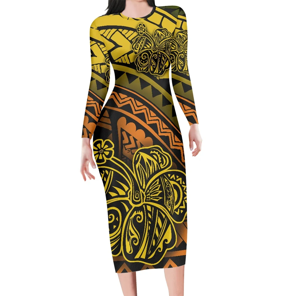 

2021 Stylish Hawaii Honu Print Women's Bodycon Pencil Dress Samoan Tribal Tattoo Prints Pattern Long Sleeve Tunic Streetwear