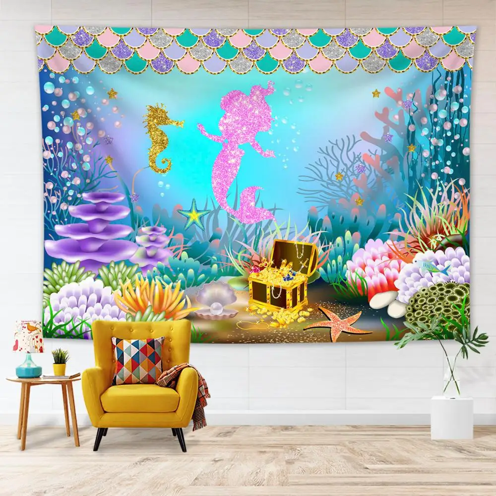 Mermaid Tapestry Fantasy Underwater World Colorful Coral Shells Fabric Tapestry Wall Hanging Children's Room Wall Decoration
Mermaid Tapestry Fantasy Underwater World Colorful Coral Shells Fabric Tapestry Wall Hanging Children's Room Wall Decoration