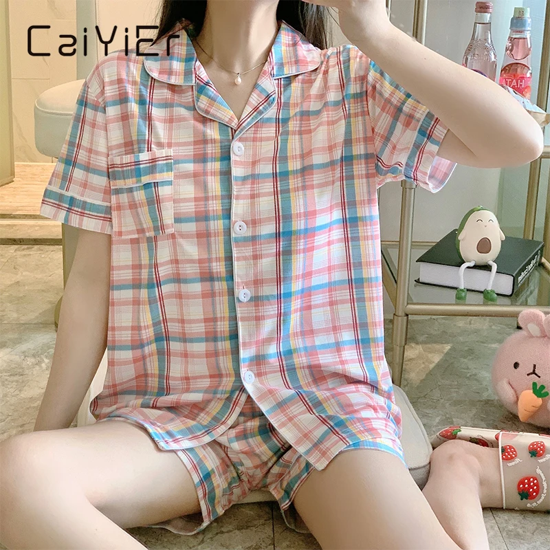CAIYIER New Ladies Short Sleeve Grid Print Sleepwear Suit Sweet Girls Pajamas Set Korean Style Female Soft Home Clothing M-2XL
CAIYIER New Ladies Short Sleeve Grid Print Sleepwear Suit Sweet Girls Pajamas Set Korean Style Female Soft Home Clothing M-2XL