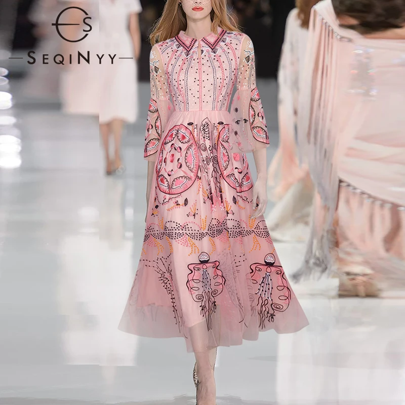 SEQINYY Pink Elegant Dress Summer Spring New Fashion Design Women Runway Flare Sleeve Embroidery Flower Vintage Midi Mesh
SEQINYY Pink Elegant Dress Summer Spring New Fashion Design Women Runway Flare Sleeve Embroidery Flower Vintage Midi Mesh