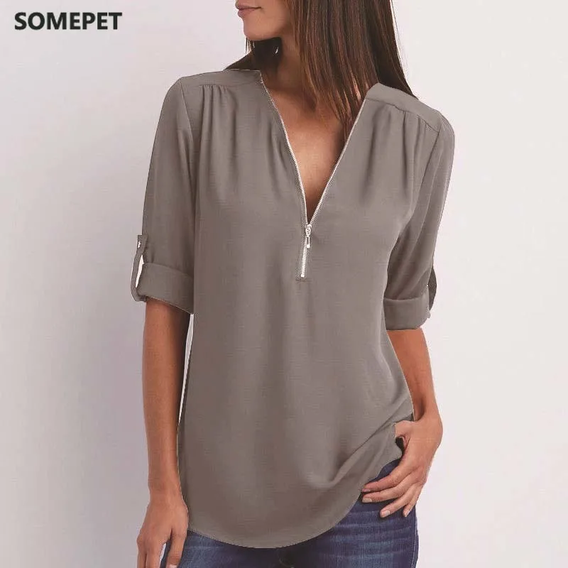 Zipper Short Sleeve Women Shirts Sexy V Neck Solid Womens Tops Blouses Casual Tee Shirts Tops Female Clothes Plus Size
Zipper Short Sleeve Women Shirts Sexy V Neck Solid Womens Tops Blouses Casual Tee Shirts Tops Female Clothes Plus Size