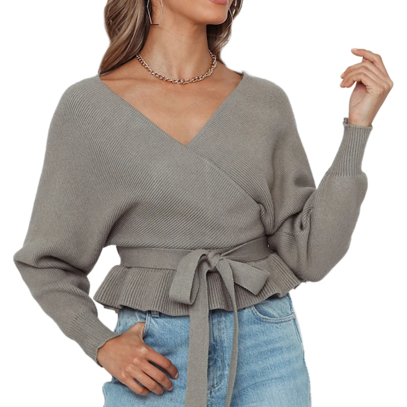 Vicabo Grey Sweater for Women Sexy V Neck Long Sleeve Sashes Ruffles Hem Knitted Pullovers Female Casual Sweaters
Vicabo Grey Sweater for Women Sexy V Neck Long Sleeve Sashes Ruffles Hem Knitted Pullovers Female Casual Sweaters