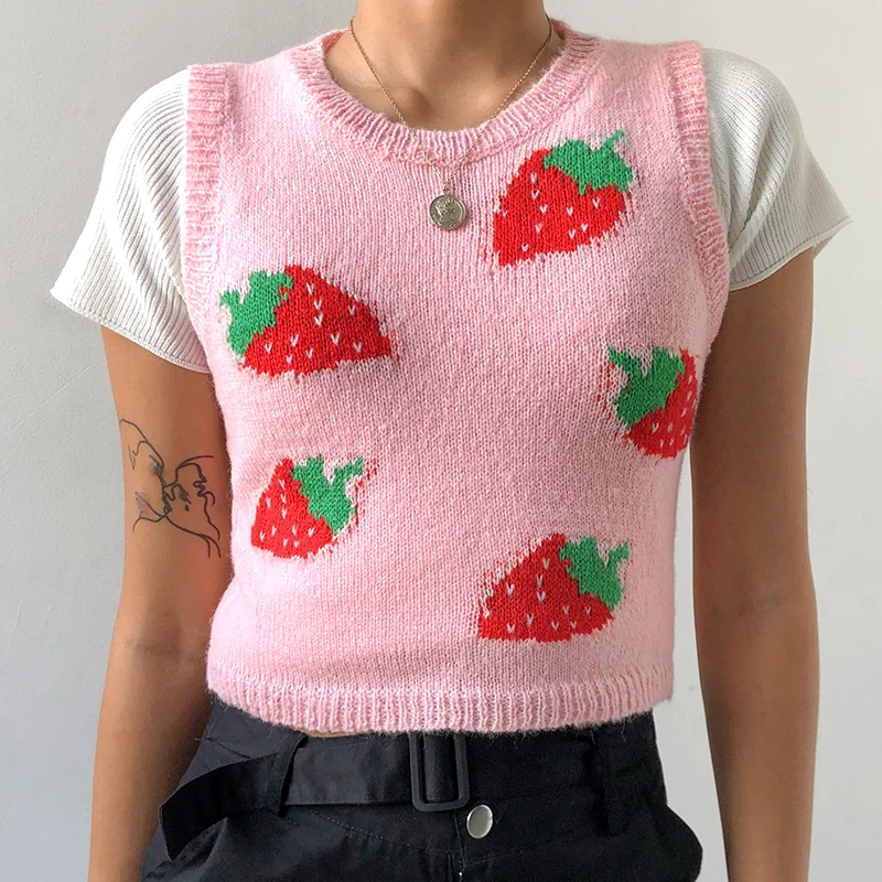 Y2K Crop Top Rapcopter Strawberry Sweaters Sleeveless O Neck Cute Tank Top Preppy Style Retro Knitwear Traf Autumn Winter Top 
Y2K Crop Top Rapcopter Strawberry Sweaters Sleeveless O Neck Cute Tank Top Preppy Style Retro Knitwear Traf Autumn Winter Top
