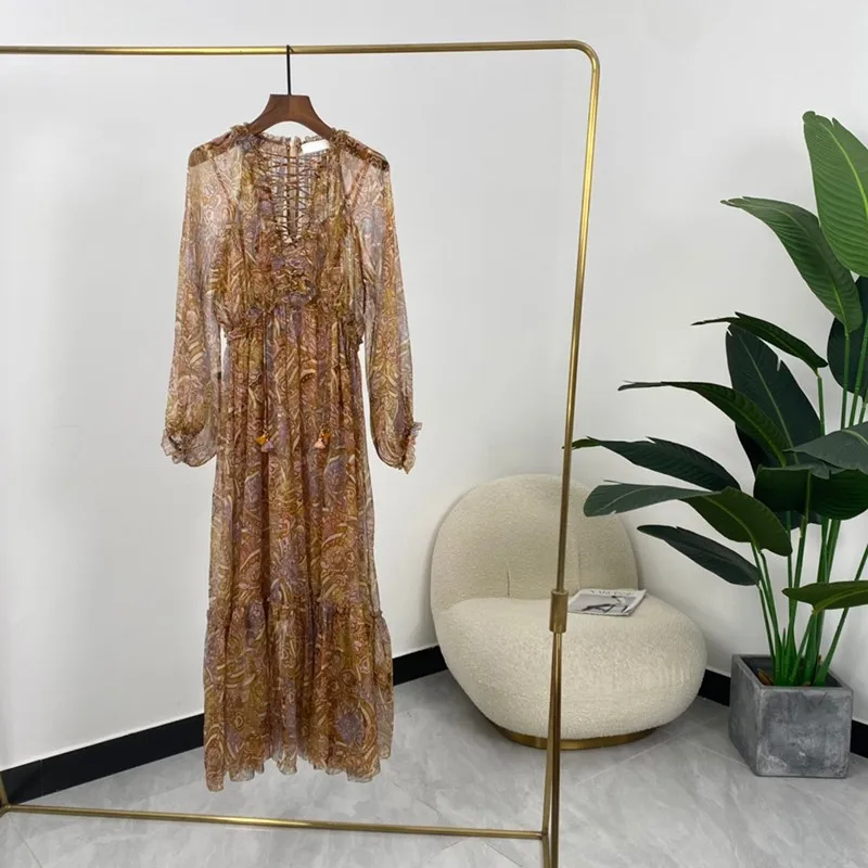 

Ранняя осень Новое поступление Пейсли ПРИНТ длинный рукав женские элегантные винтажные гофрированные шелковые платья 2021