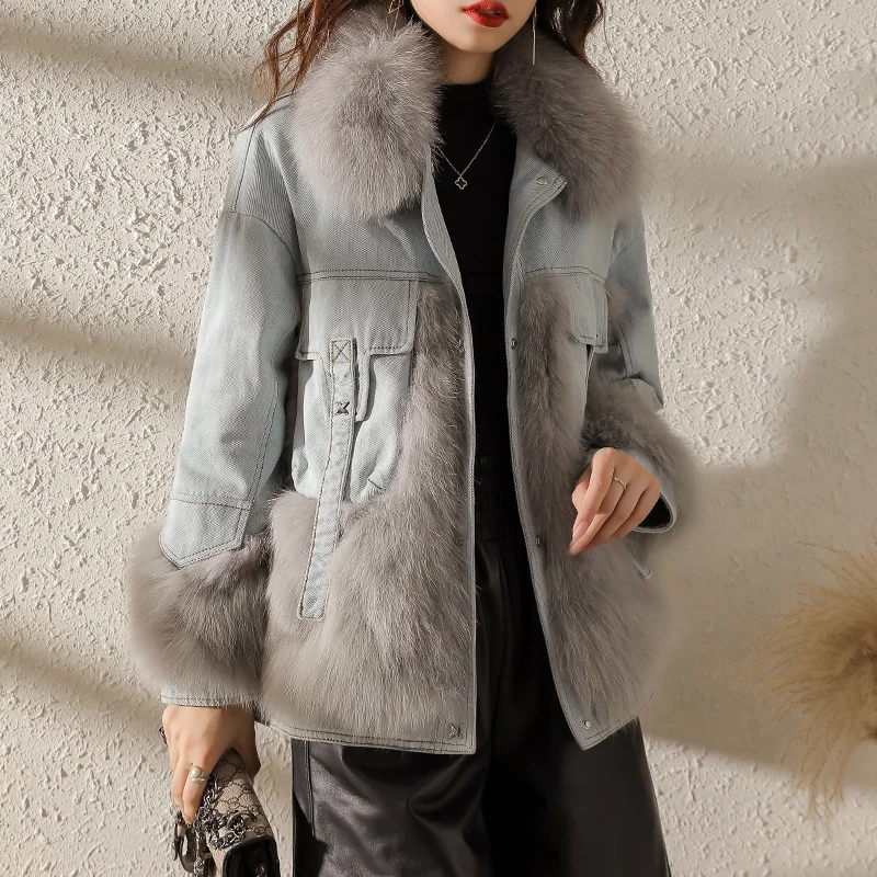 

2021 New Fox Fur Denim Stitched Fur Coat Young Style to Overcome Women's Loose Down Cotton Coat