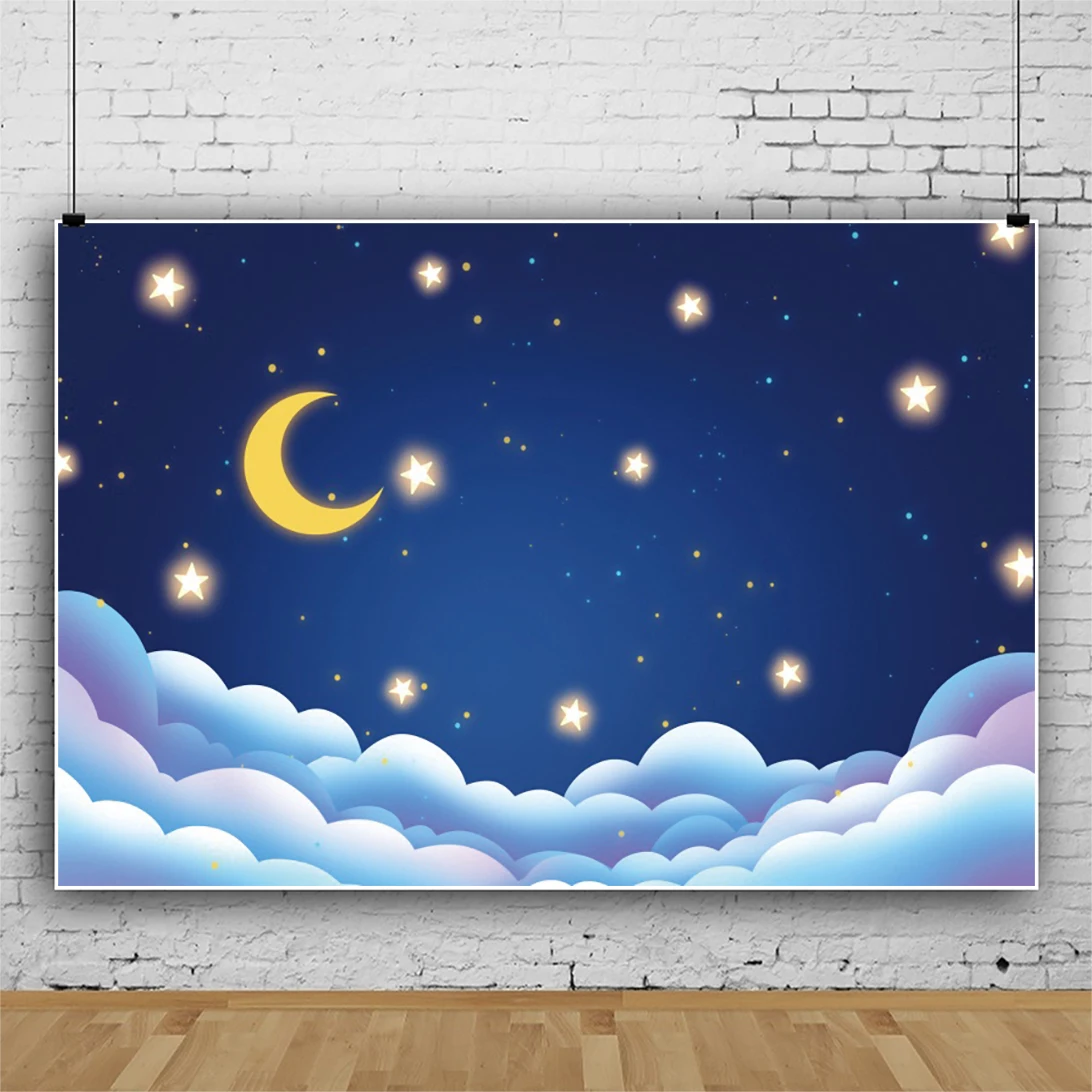 

Laeacco Dreamy Starry Cartoon Moon Shiny Star Baby Shower Birthday Backgrounds Portrait Personalized Poster Photography Backdrop