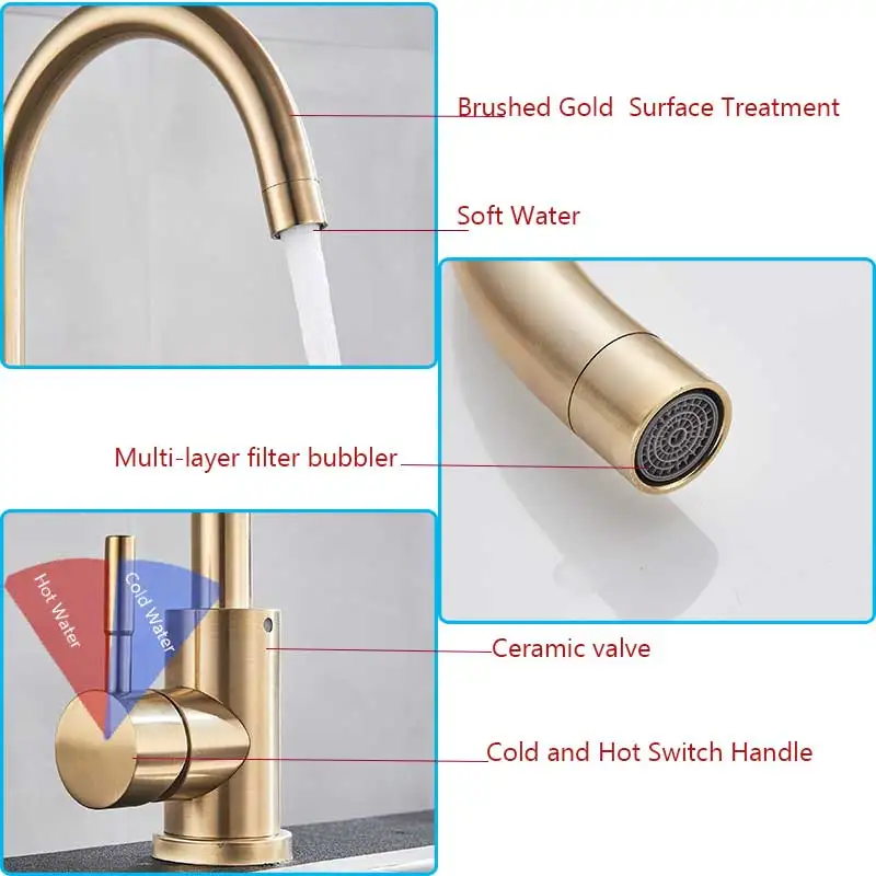 Brushed Gold kitchen Faucets 360 Rotation Kitchen Faucet Stainless Steel Lead Free Bathroom Sink Single Handle Mixer Tap | Обустройство