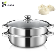 Konco Stainless Steel Steamer Gas Induction Cooker Soup Steamboat Pot 1/2 Toer Steamer Transparent Glass Lid Kitchen Cookware