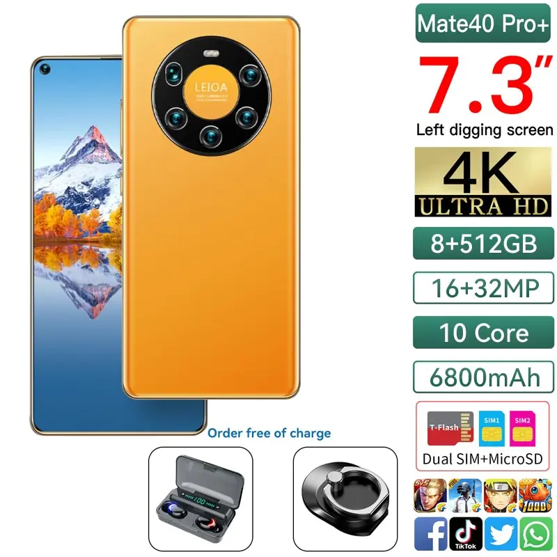 New Arrival Smartphone Mate40 Pro+ 7.3Inch Full Screen MTK6889 10Core 8+512G 5G Network 6800MAH Face Fingerprint ID 16+32MP
New Arrival Smartphone Mate40 Pro+ 7.3Inch Full Screen MTK6889 10Core 8+512G 5G Network 6800MAH Face Fingerprint ID 16+32MP