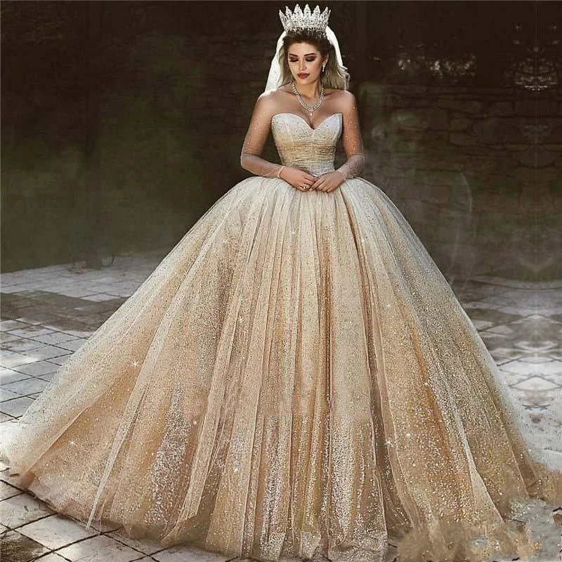 Фото Роскошное женское золотое свадебное платье цвета шампанского 2020 блестящее