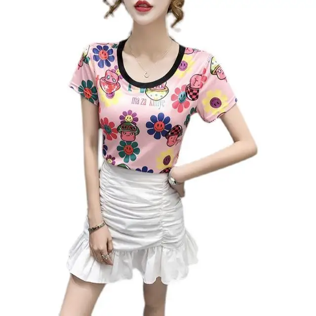 2021 summer new print short sleeve women's T-shirt temperament Pullover 
2021 summer new print short sleeve women's T-shirt temperament Pullover