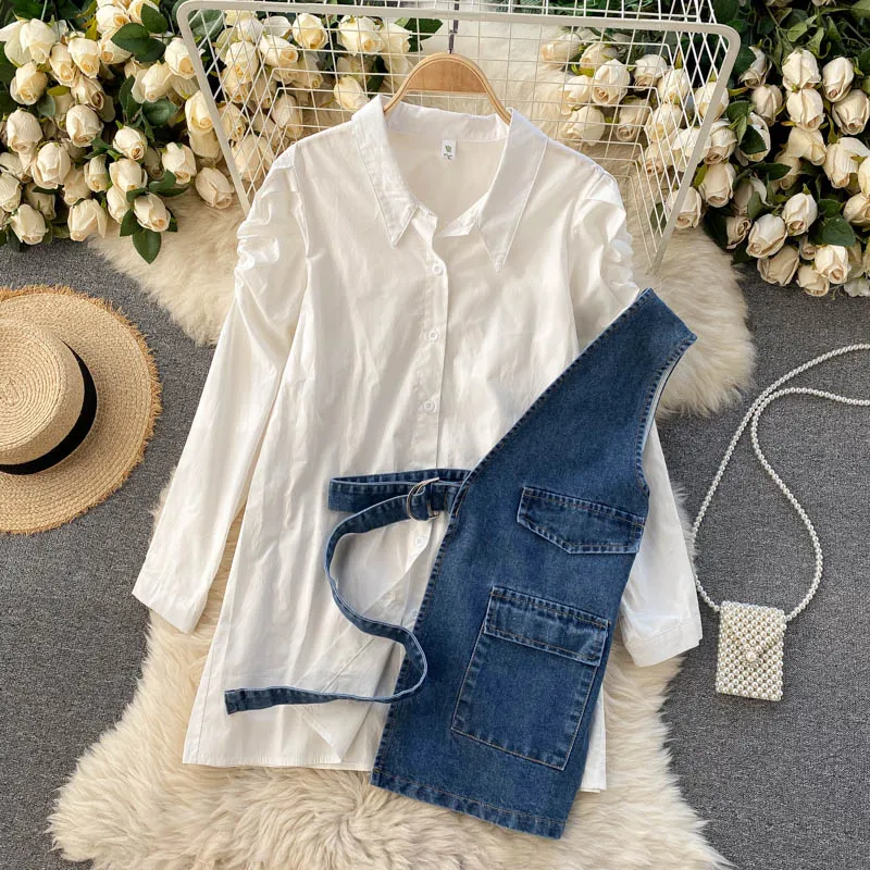 Women's Blouse Sets Puff Sleeve Causal Long Blusas Shirt + Belt Slim Waist Demin Vest 2021 Spring New Korean Outfit
Women's Blouse Sets Puff Sleeve Causal Long Blusas Shirt + Belt Slim Waist Demin Vest 2021 Spring New Korean Outfit