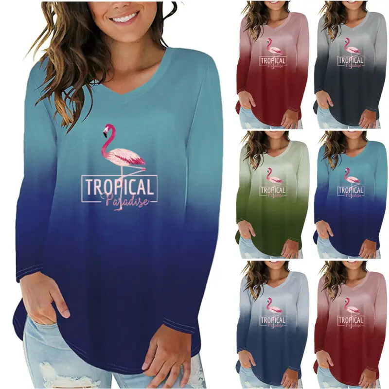 Women Long Sleeves Gradient Flamingo Printed Pullover V Neck Loose Tunic T Shirt
Women Long Sleeves Gradient Flamingo Printed Pullover V Neck Loose Tunic T Shirt