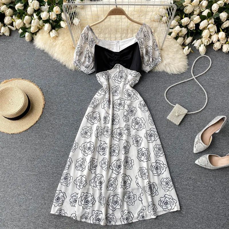 Summer New Fashion Vestidos Women's Square Collar Puff Sleeves Hit Color Stitching Beaded Slim French Midi Dress DK623
Summer New Fashion Vestidos Women's Square Collar Puff Sleeves Hit Color Stitching Beaded Slim French Midi Dress DK623