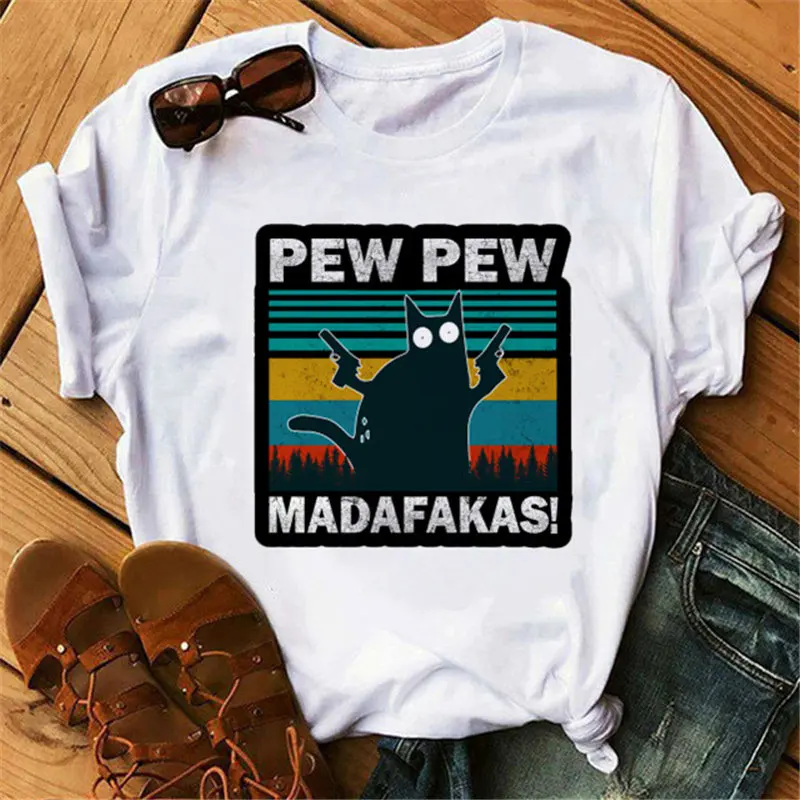 Женская футболка с принтом Pew Madafakas Ретро коротким рукавом в стиле