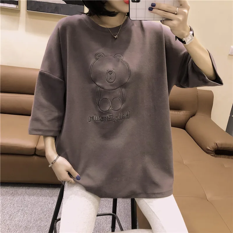 Cotton embroidered bear short-sleeved t-shirt women 2020 Korean version loose women's mid-length student shirt women's clothing 
Cotton embroidered bear short-sleeved t-shirt women 2020 Korean version loose women's mid-length student shirt women's clothing