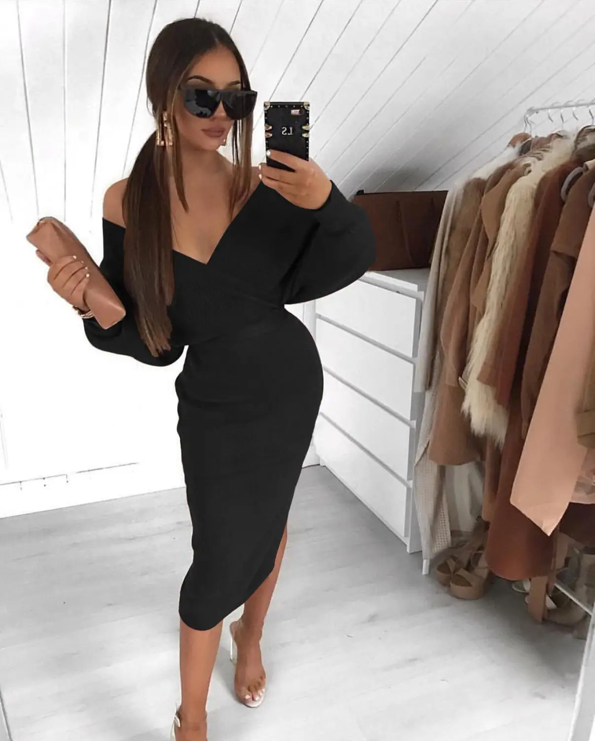 Brown and Black Color Ladies Sexy Big V-Neck Bodycon Knee Length Dress Long Sleeve Fashion Bandage Dress Celebrity Dress
Brown and Black Color Ladies Sexy Big V-Neck Bodycon Knee Length Dress Long Sleeve Fashion Bandage Dress Celebrity Dress