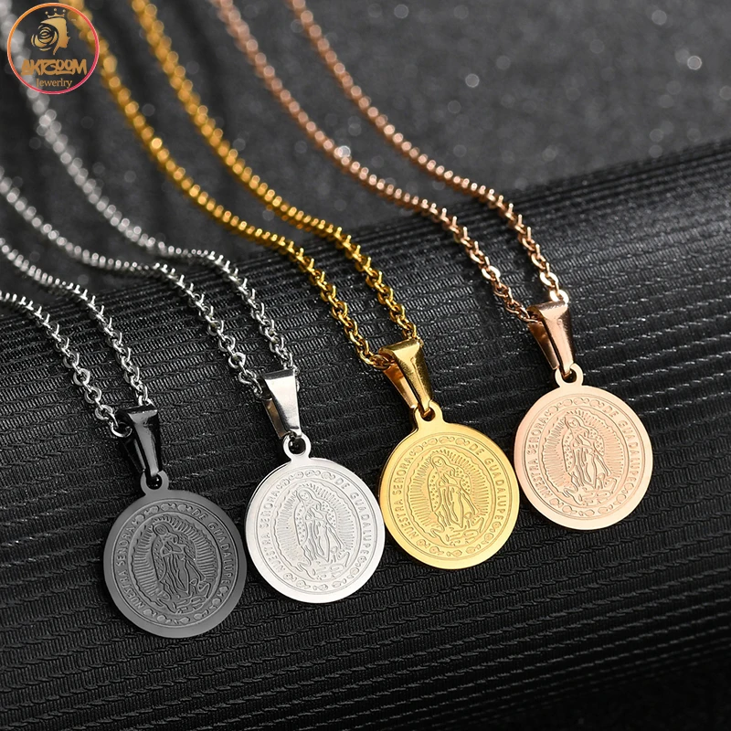 

Akizoom Vintage Stainless Steel Necklace Virgin Mary Body Coin for Women Men 4 Goddess Round Neckalce Religious Jewelry