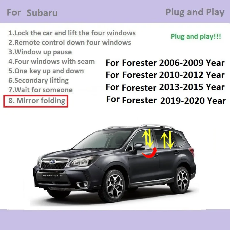 Автоматический стеклоподъемник Для Subaru Forester 2006-2020, аксессуары для закрытия окна и складной зеркальный стеклоподъемник с одним ключом
Автоматический стеклоподъемник Для Subaru Forester 2006-2020, аксессуары для закрытия окна и складной зеркальный стеклоподъемник с одним ключом