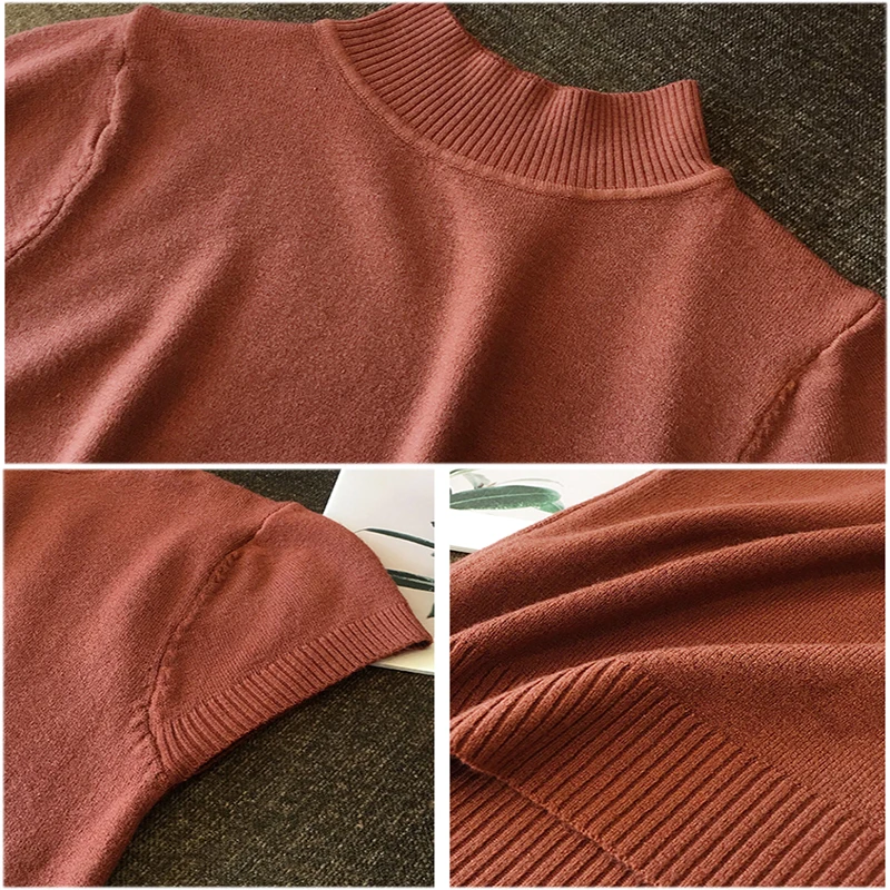 Fashion Knitt Short-sleeved T-shirt Women 2021 New Half Turtleneck Stretch Knitted Tshirt Solid Casual Spring Summer Female Tops 
Fashion Knitt Short-sleeved T-shirt Women 2021 New Half Turtleneck Stretch Knitted Tshirt Solid Casual Spring Summer Female Tops