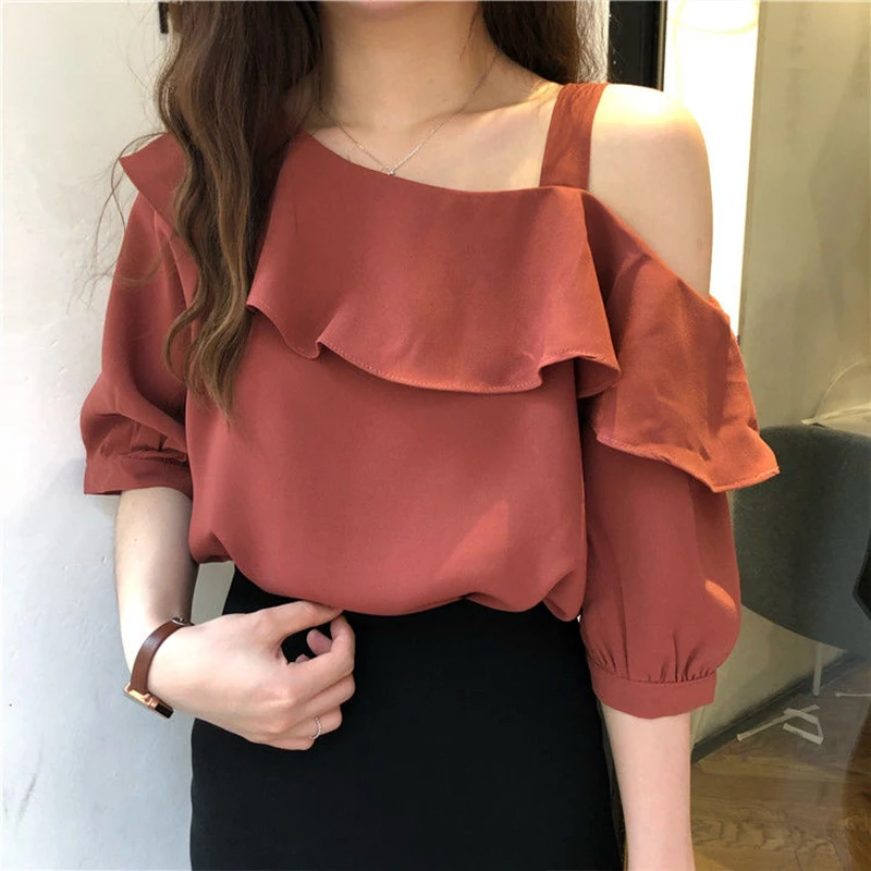 Women's Spring Summer Style Chiffon Blouses Shirt Women's Solid Skew Collar Ruffles Elegant Temperament Casual Tops DD8578
Women's Spring Summer Style Chiffon Blouses Shirt Women's Solid Skew Collar Ruffles Elegant Temperament Casual Tops DD8578
