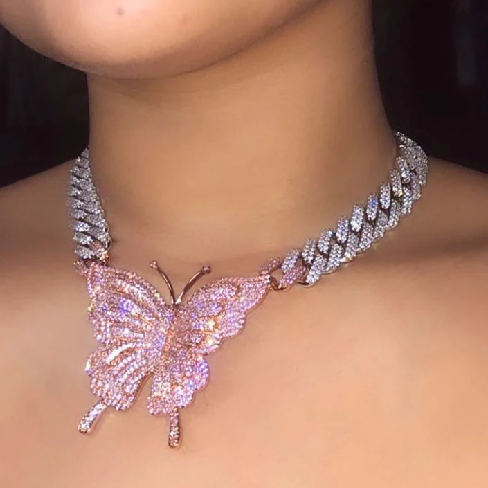 Iced Out Bling 5A Cubic Zirconia White Pink Two Tone Color Butterfly Fashion Cuban Link Chain Choker Necklace Jewelry For Women
Iced Out Bling 5A Cubic Zirconia White Pink Two Tone Color Butterfly Fashion Cuban Link Chain Choker Necklace Jewelry For Women