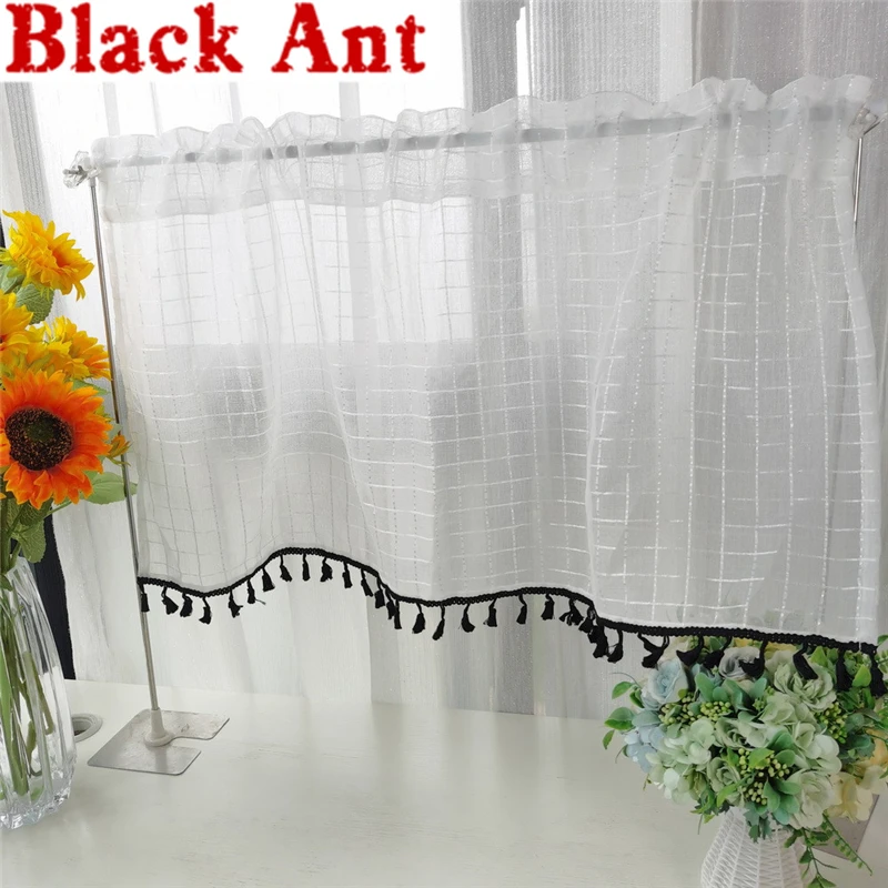 Black Tassles White Sheer Curtain For Living Room Kitchen Short Curtains Cafe Cabinet Half Valance Bay Window Drapes DL-WP036
Black Tassles White Sheer Curtain For Living Room Kitchen Short Curtains Cafe Cabinet Half Valance Bay Window Drapes DL-WP036