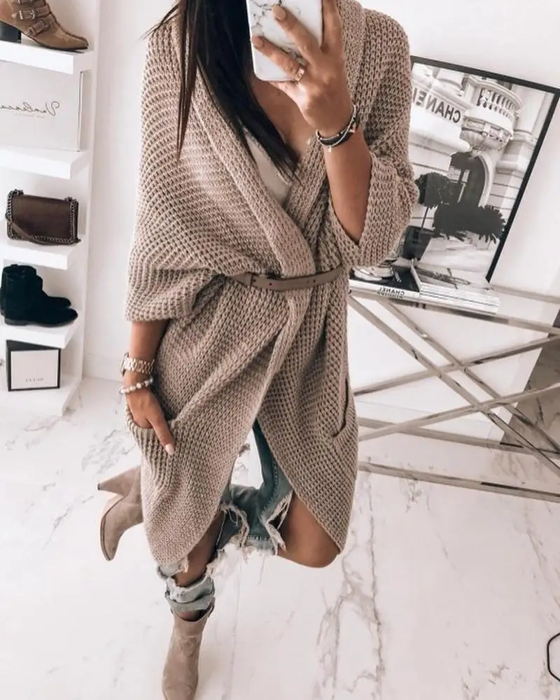 

Cardigans Women Open Front Pocket Cardigan Fashion Longline Spring Autumn Casual Solid Sweater Classy Chic Streetwear Khaki 2021