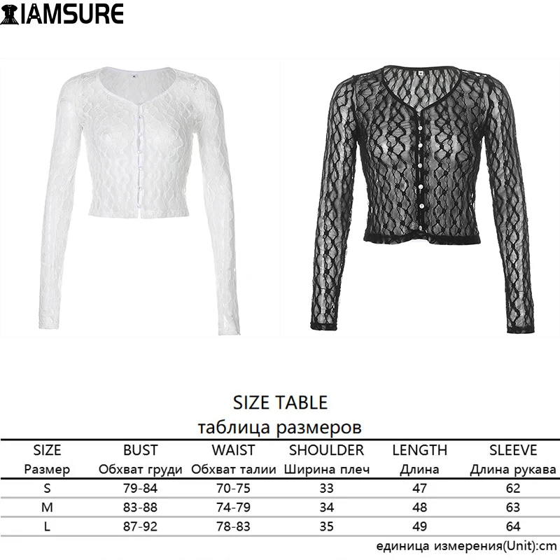IAMSURE Solid See Through Lace Cardigan Sexy Slim V-Neck Long Sleeve Shirt Women 2021 Summer Fashion Casual Streetwear Top 90S
IAMSURE Solid See Through Lace Cardigan Sexy Slim V-Neck Long Sleeve Shirt Women 2021 Summer Fashion Casual Streetwear Top 90S