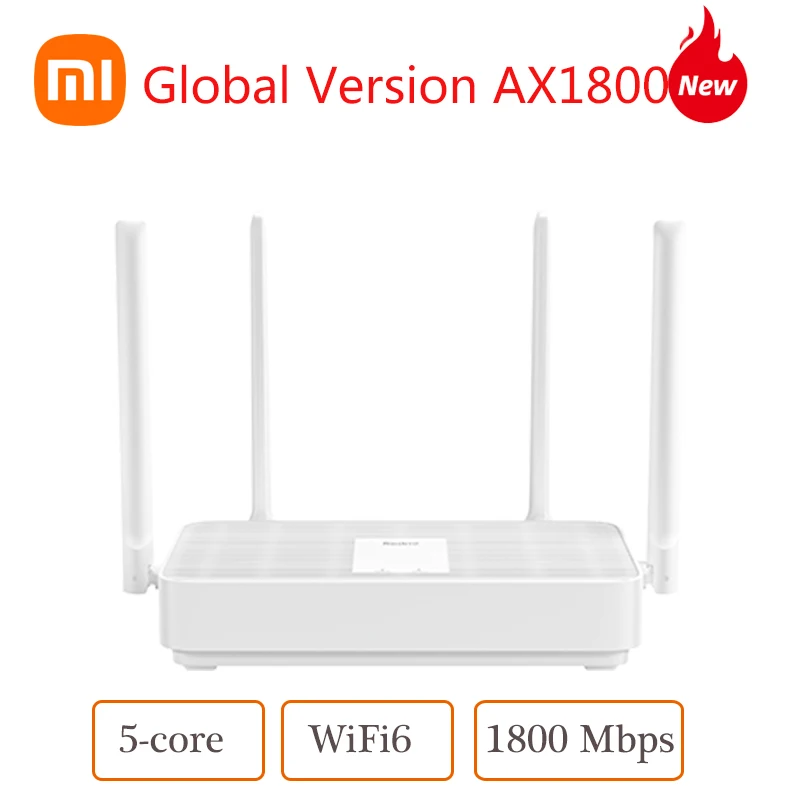 

Маршрутизатор Xiaomi Mi Router AX1800 Wi-Fi 6 глобальная версия ГГц 5 ГГц 2,4 Мбит/с, Qualcomm 5-ядерный чип, 4 внешних антенны до 1800 устройств, 128