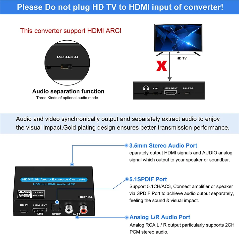 4K ARC HDMI Audio Extractor Stereo Converter to Optical TOSLINK SPDIF + 3.5mm Splitter Adapter | Электроника