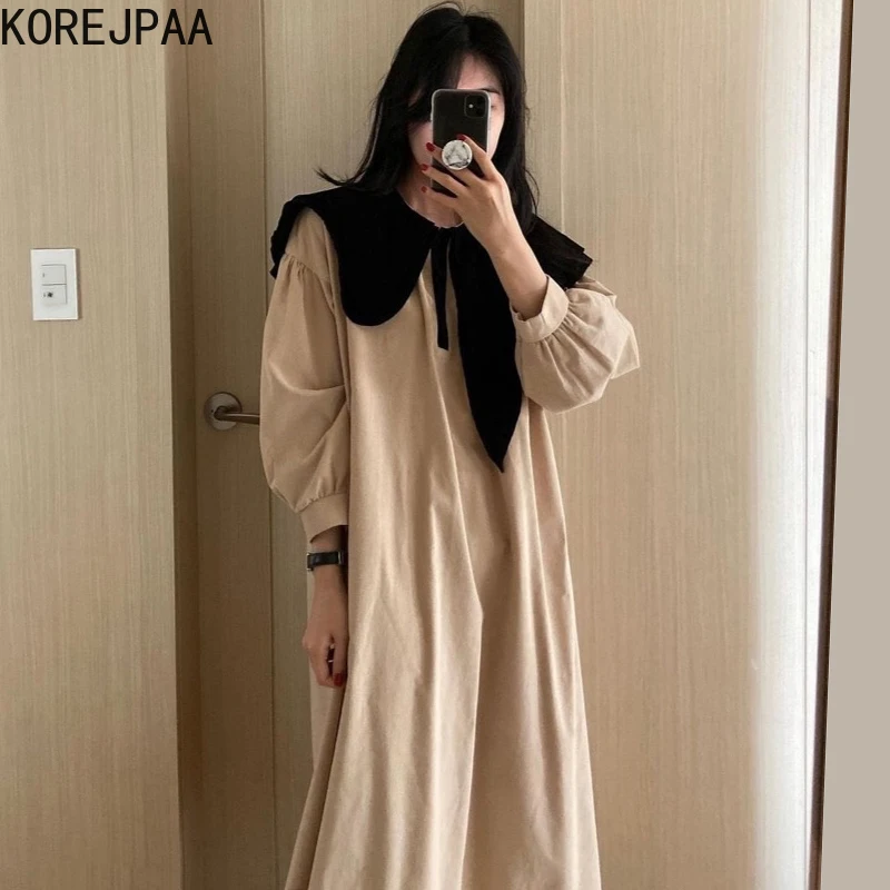Korejpaa Vintage Women Dress Autumn Irregular Turn-down Collar Lantern Sleeve Contrast Color Loose Solid Dresses Elegant New
Korejpaa Vintage Women Dress Autumn Irregular Turn-down Collar Lantern Sleeve Contrast Color Loose Solid Dresses Elegant New