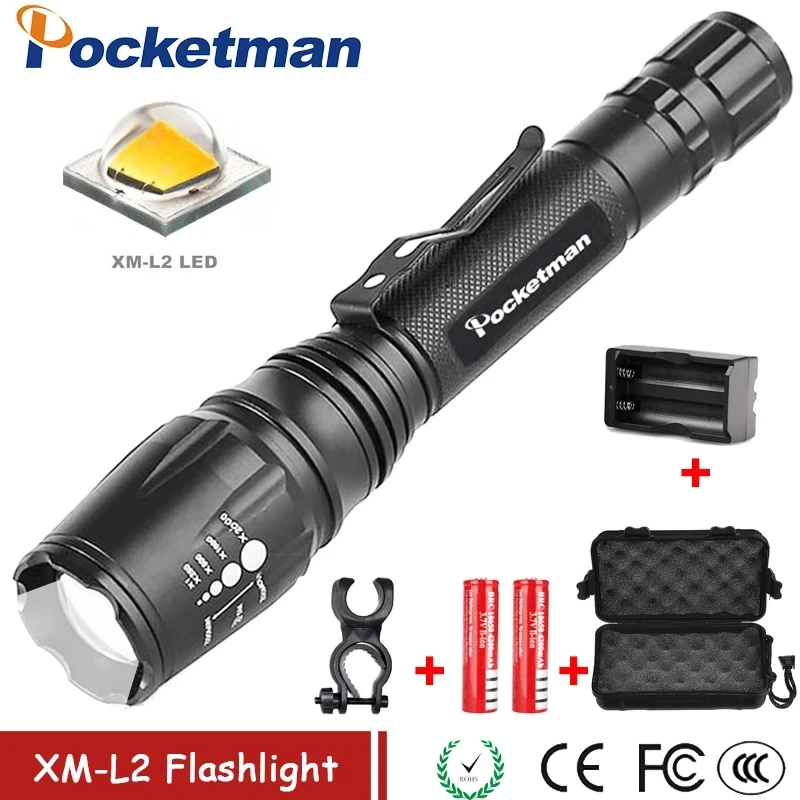 

7000LM LED Flashlights Torch XM-L2 Zoomable Pen Pocket-size Flashlight Waterproof For 2x18650 batteries bicycle Tactical Light