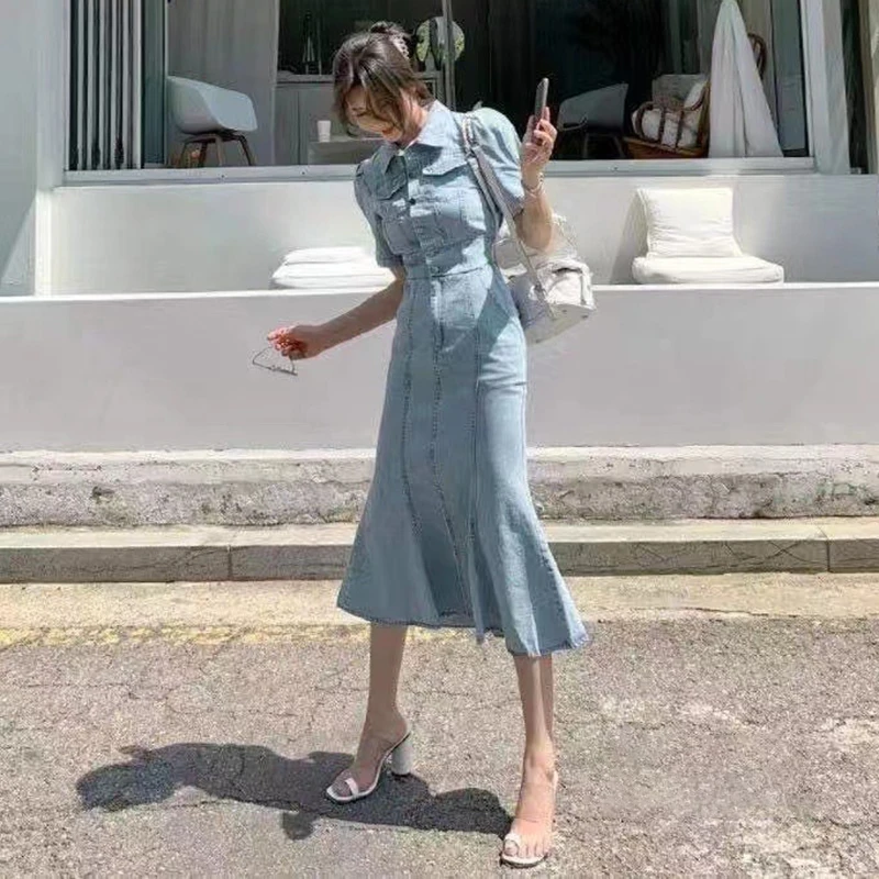 GALCAUR Solid Skinny Dress For Women Lapel Puff Short Sleeve High Waist Slim Bodycon Denim Mid Dresses Female 2021 Spring Style
GALCAUR Solid Skinny Dress For Women Lapel Puff Short Sleeve High Waist Slim Bodycon Denim Mid Dresses Female 2021 Spring Style