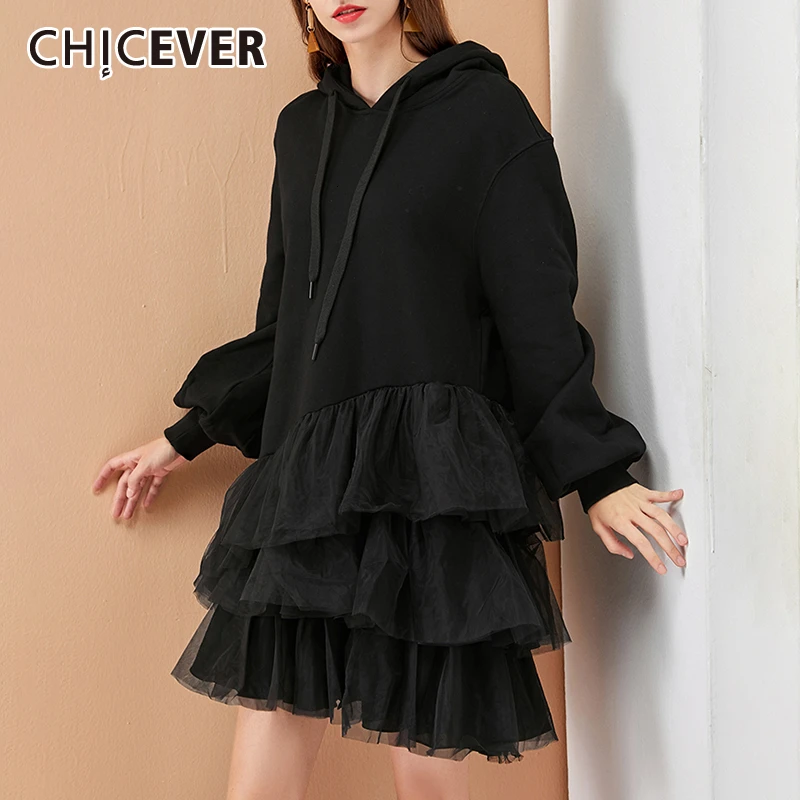 CHICEVER/необычное лоскутное Сетчатое платье для женщин с капюшоном и