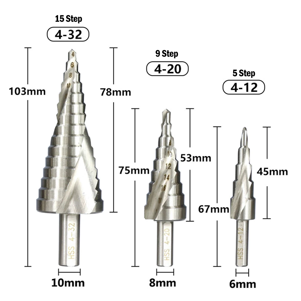 1pcs Step Drill Bit 4-12 4-20 Drilling Power Tools Metal High Speed Steel Wood Hole Cutter Cone Drill Spiral Grooved Metal Drill
1pcs Step Drill Bit 4-12 4-20 Drilling Power Tools Metal High Speed Steel Wood Hole Cutter Cone Drill Spiral Grooved Metal Drill