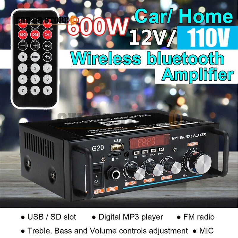 600W 12V 110V-220V Bluetooth Smart Digital Power Amplifier European Standard USB Interface Digital MP3 Player For Home Car
600W 12V 110V-220V Bluetooth Smart Digital Power Amplifier European Standard USB Interface Digital MP3 Player For Home Car