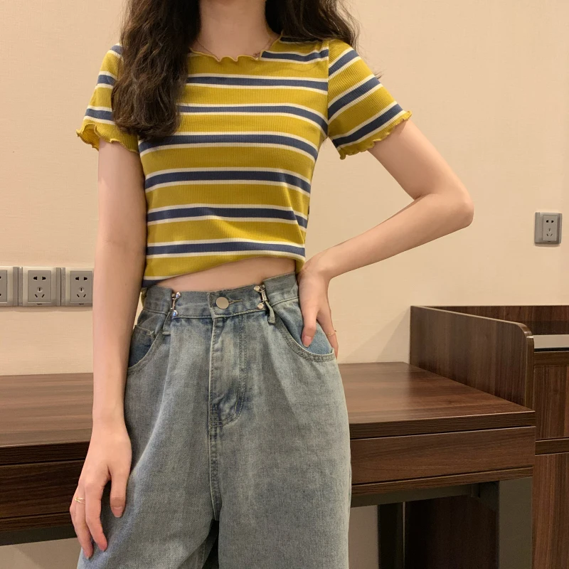 O-neck Short Sleeve Slim T Shirts Women Clothing Fashion Brand Summer New Striped Tees 2021 Hipster Ladies Tops Ruffles Casual 
O-neck Short Sleeve Slim T Shirts Women Clothing Fashion Brand Summer New Striped Tees 2021 Hipster Ladies Tops Ruffles Casual