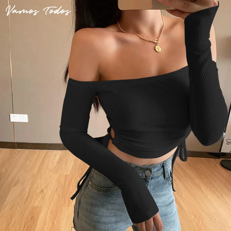 Autumn Y2k Off-shoulder Women's Long Sleeve Top Solid Drawstring Women's T-shirt Harajuku Cropped Tops Women 2021 Vamos Todos
Autumn Y2k Off-shoulder Women's Long Sleeve Top Solid Drawstring Women's T-shirt Harajuku Cropped Tops Women 2021 Vamos Todos
