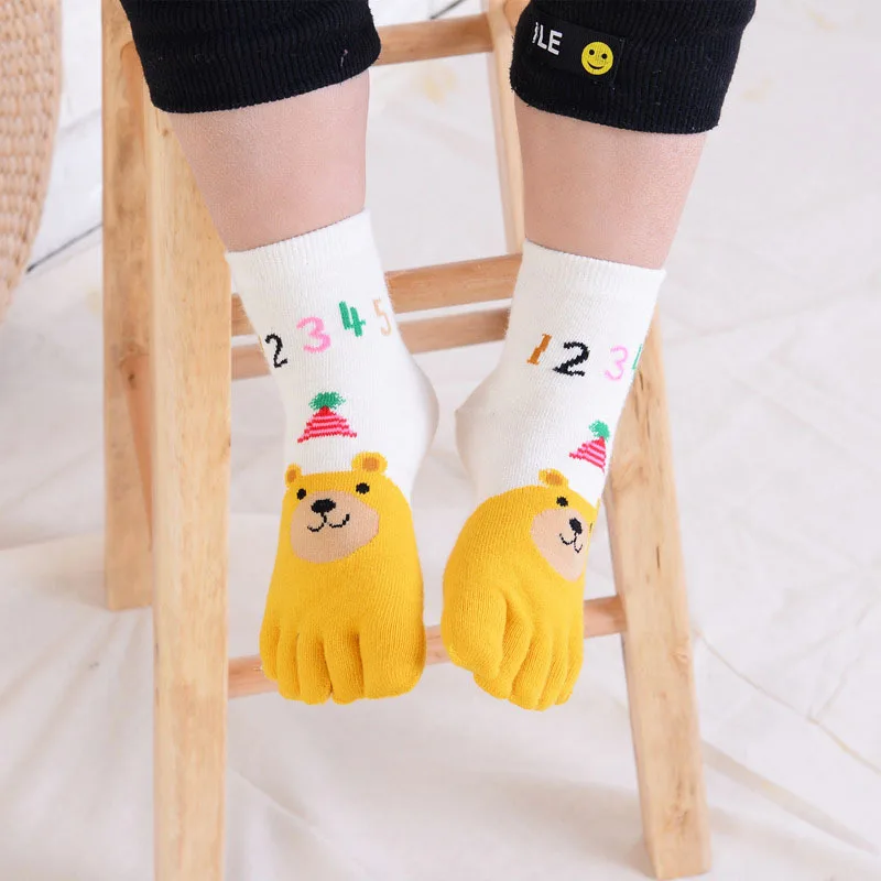 Осенние детские носки с принтом животных пальцами и пятью хлопковые дышащие
