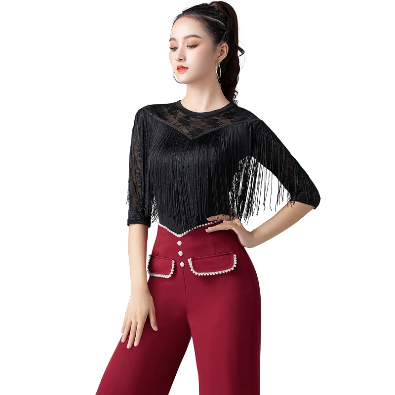 Ballroom Modern Dance Tops Women Fringe Middle Sleeve Latin Dance Costume Red Black Cha Cha Tango Samba Dance Stage Costume
Ballroom Modern Dance Tops Women Fringe Middle Sleeve Latin Dance Costume Red Black Cha Cha Tango Samba Dance Stage Costume