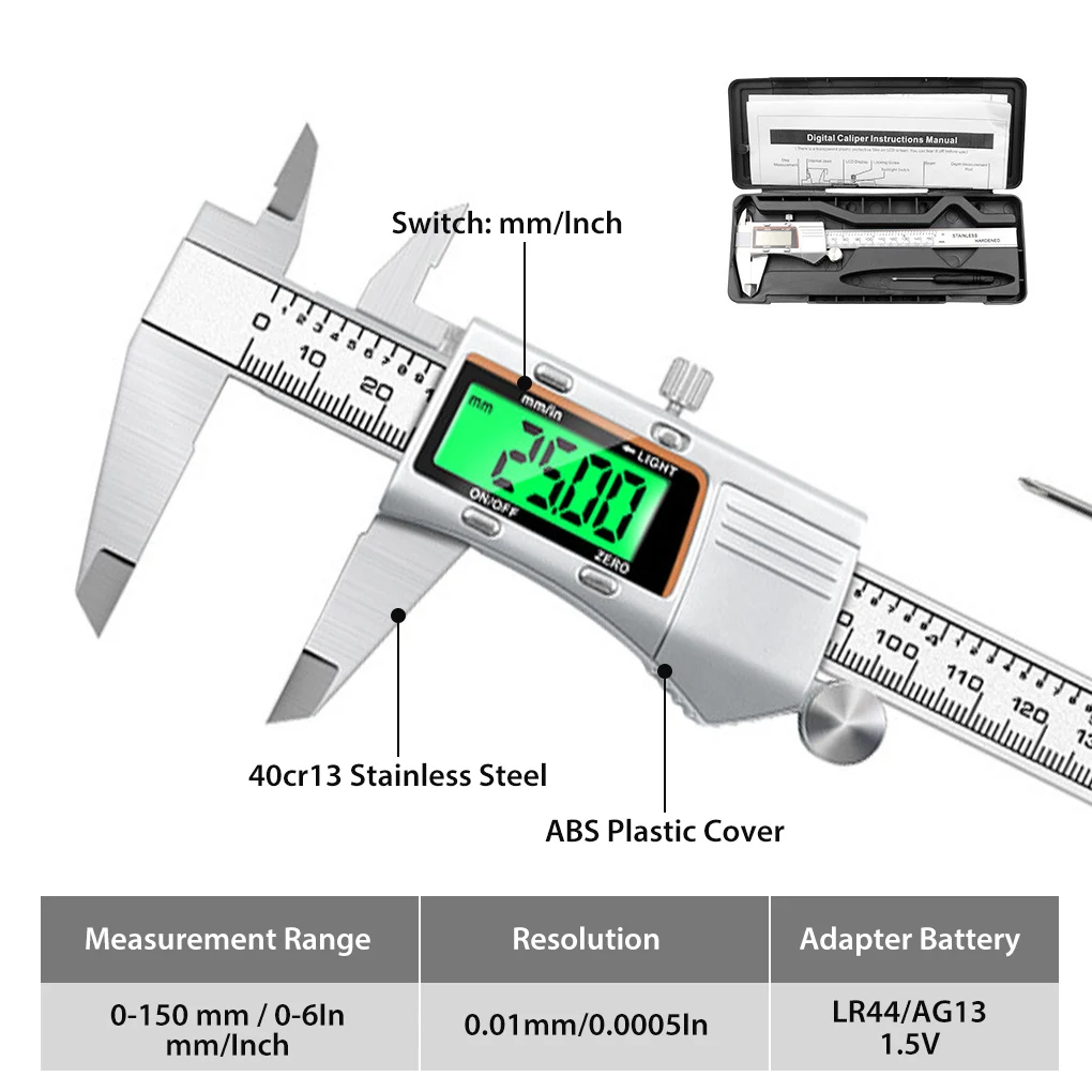 Stainless Steel Digital Vernier Caliper Electronic Caliper 6 Inch 0-150mm Micrometer Depth Measuring Tool Digital Gauge Caliper
Stainless Steel Digital Vernier Caliper Electronic Caliper 6 Inch 0-150mm Micrometer Depth Measuring Tool Digital Gauge Caliper