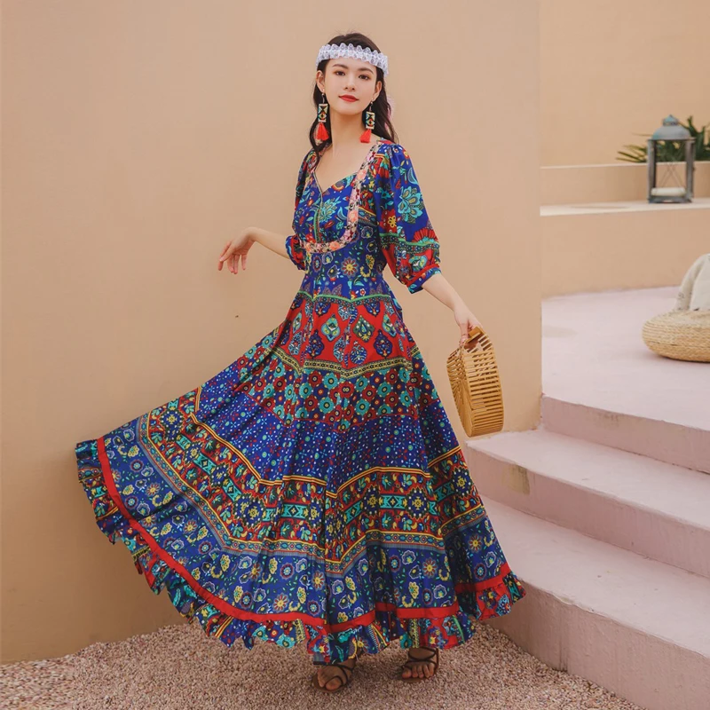 2021 Bohemian Women Beach Long Dresses Chic Multicolor Floral Embroidered Puff Sleeve Loose Arab Elgant Party V-Neck Muslim Robe
2021 Bohemian Women Beach Long Dresses Chic Multicolor Floral Embroidered Puff Sleeve Loose Arab Elgant Party V-Neck Muslim Robe